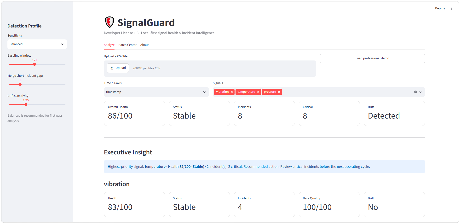 SignalGuard desktop workflow showing condition, incidents and drift
